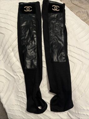 CC Black Knit Leg Warmers with Leather Panels and Gold CC